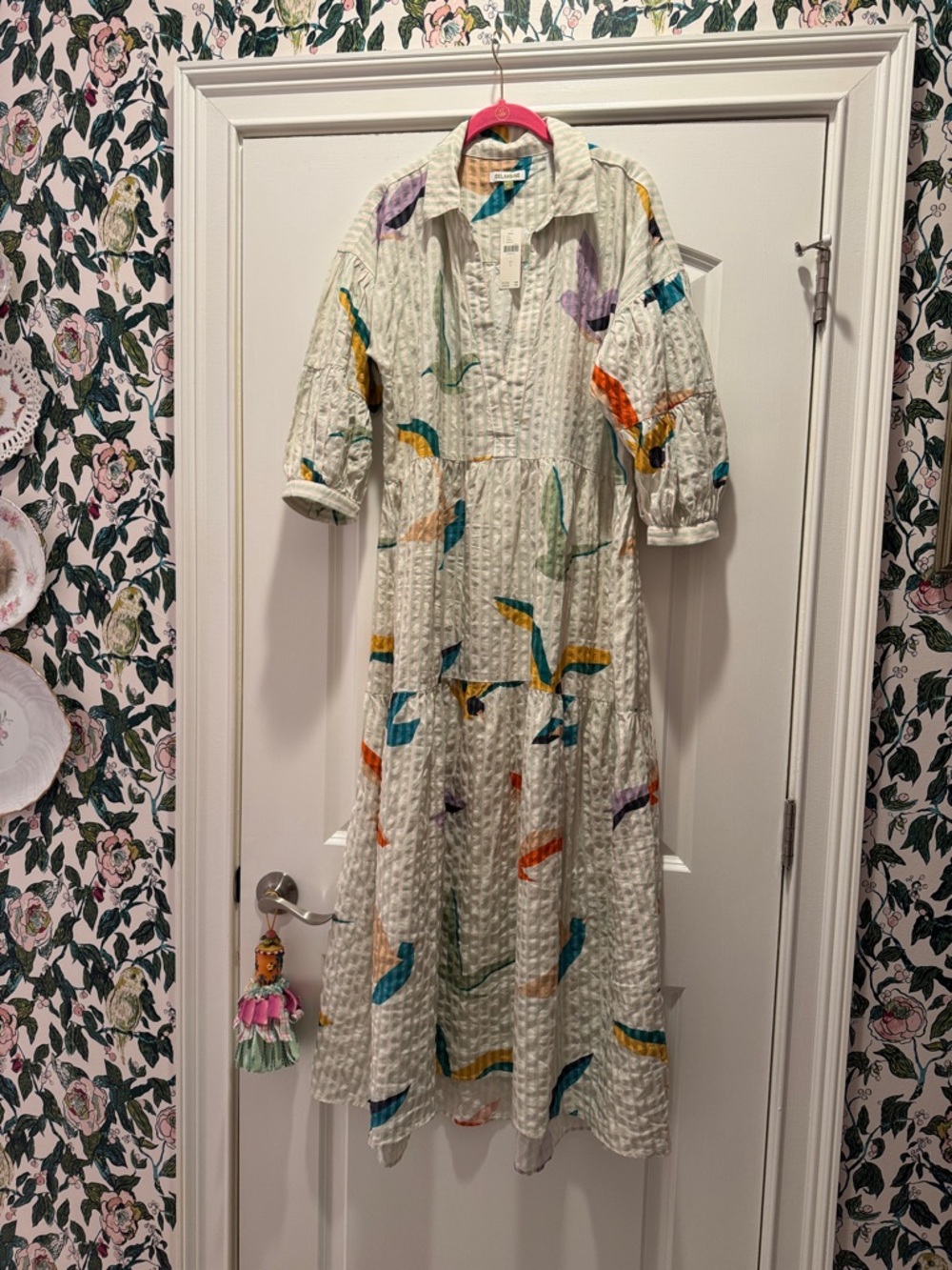 Celandine for anthro White Textured Maxi Dress with Multicolor Abstract Print